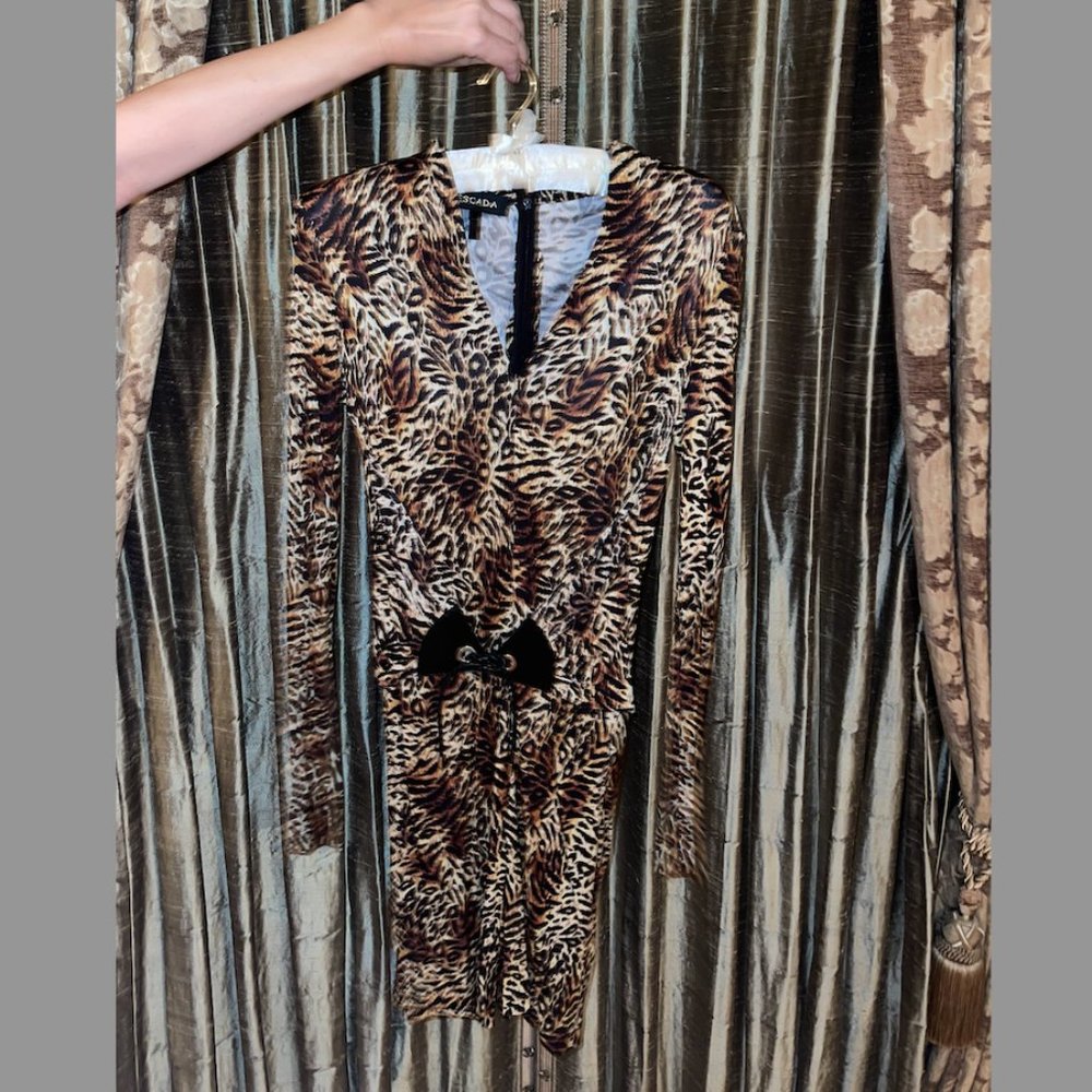 ESCADA Leopard Animal Print Knee Length Long Sleeve Dress w/ Black Belt Size 34